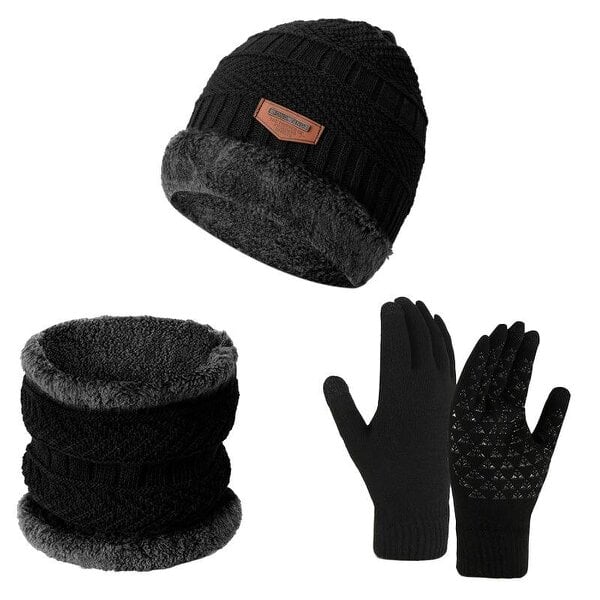 Obasyhig Fleece-Lined Knitted Winter 3-Piece Set - Black - Style 1