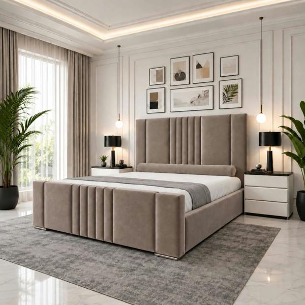 Paradise Beds Luxury Panel Upholstered Bed Frame with Tall Headboard and Mattress