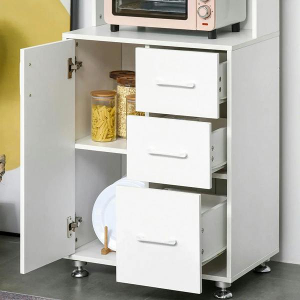 White cabinet with open side doors and three pull-out drawers for dry storage