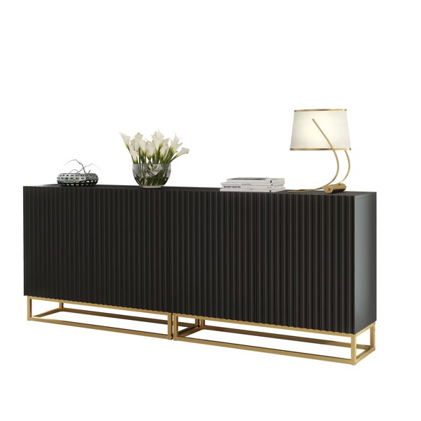 Mex Furniture Sophisticated Black Sideboard with Fluted Fronts & Gold Legs – 200cm Storage Unit