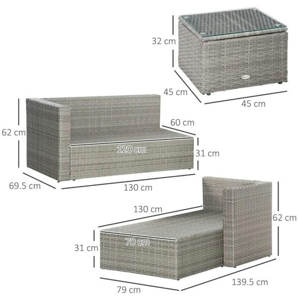 Bobobiy 3 Pieces Outdoor PE Rattan Sofa Set, Grey