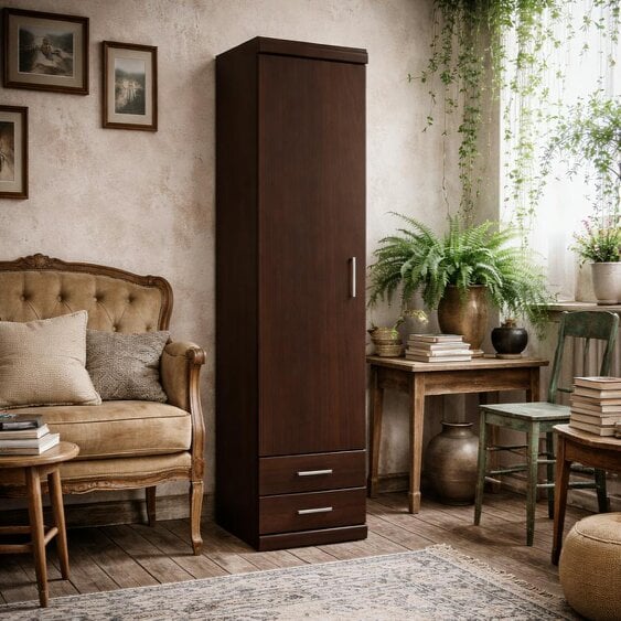 Wyld Haus Sonderborg Dark Mahogany Tall Narrow Cabinet 1 Door 2 Drawers