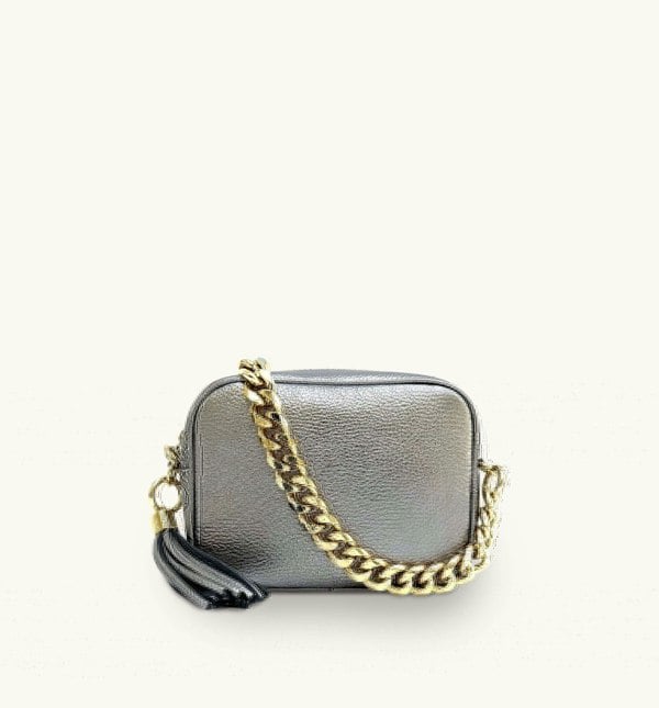 Apatchy Pewter Leather Crossbody Bag With Gold Chain Strap