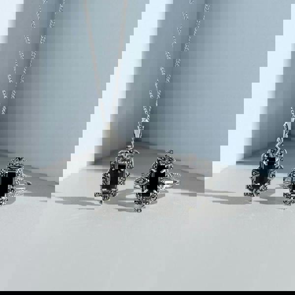 Gemondo Art Deco Style Black Spinel & Marcasite Drop Pendant Necklace & Ring Set in Silver