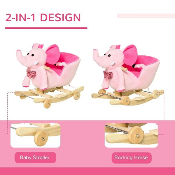 Pink plush elephant 2-in-1 ride-on with wooden base and wheels