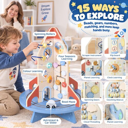 AIYAPLAY Wooden Activity Cube, Rocket Theme Sensory Toys for Fine Motor