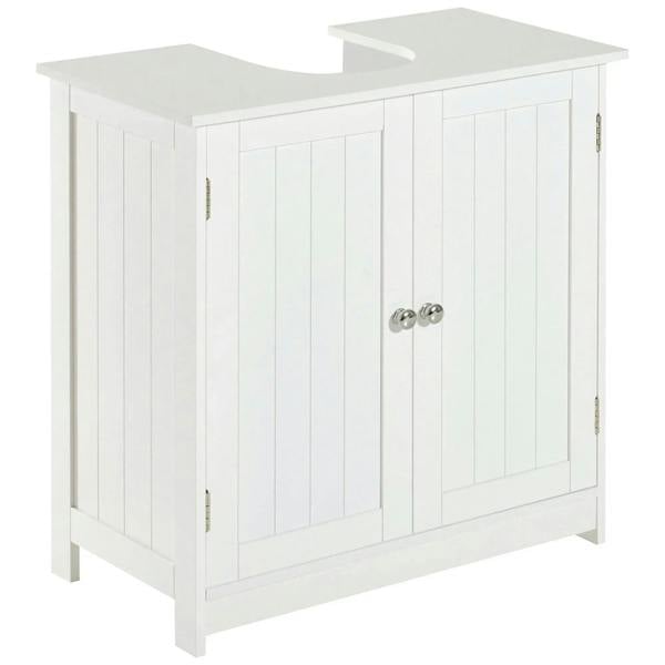 White under-sink bathroom storage cabinet with two door panels and metal knobs