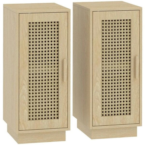 Bobobiy Set of 2 Bedside Tables with Rattan-Decor Doors, Boho Slim Nightstands with Adjustable Shelf, Natural Wood Finish