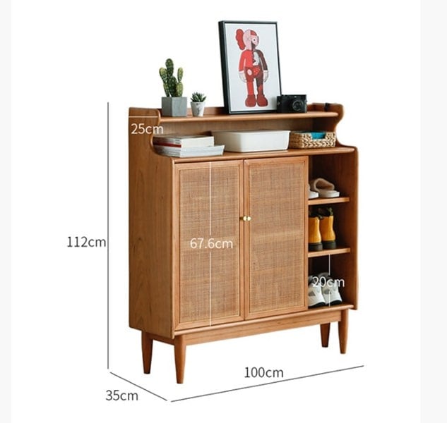 Pavia Shoe Storage, Rattan & Oak in a lifestyle setting with shoe storage bench with cushion