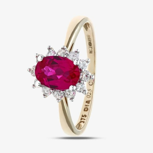 T. H. Baker 9ct Yellow Gold Oval Ruby & 0.25ct Diamond Cluster Ring PR10470Y RU
