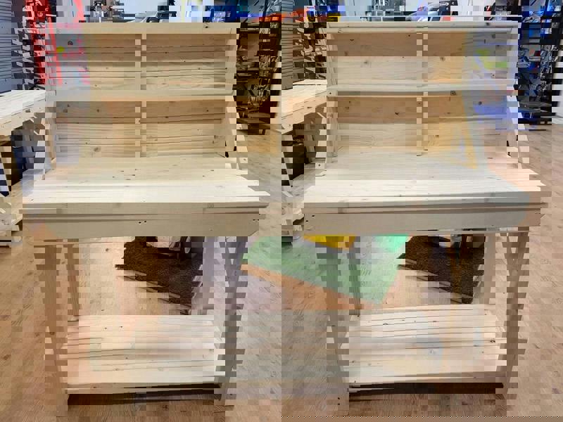 Acorn kiln-dried wooden workbench with back panel, ideal for workshops and garages