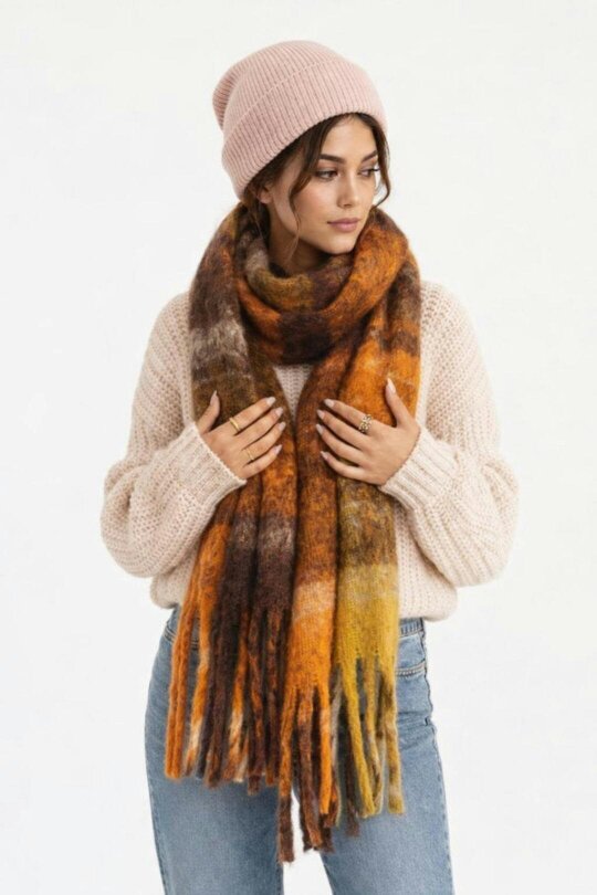 SVNX Tartan Blanket Scarf & Textured Knitted Gloves Set in Orange