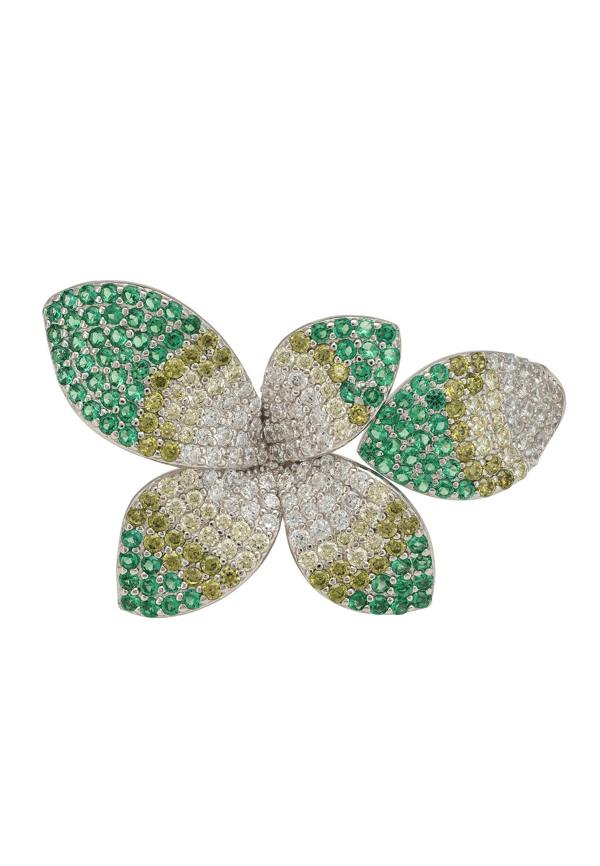 Butterfly-shaped jewelry piece with green and gold accents on a white background