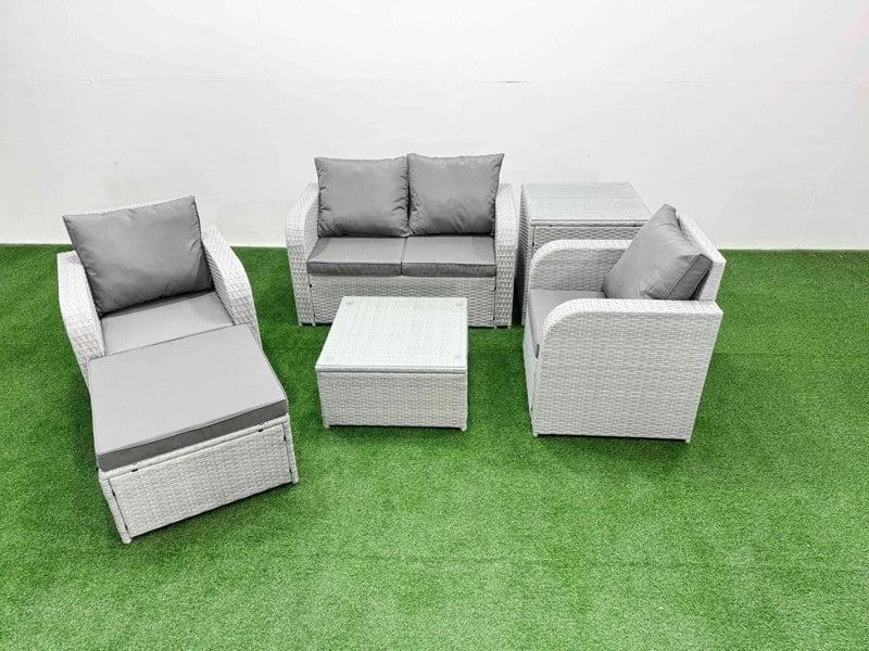 Fimous Light Grey PE Wicker Rattan Garden Furniture Set Sofa Set Reclining Adjustable Chair Square Coffee Table 5 Seater With Footstool Side Table