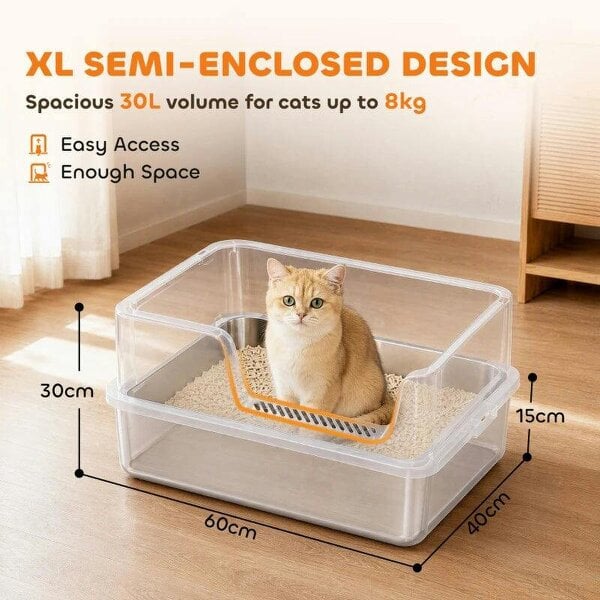 XL Stainless Steel Cat Litter Tray with Lid, High Sided Cat Litter Box with Scoop and Mat, Light Grey