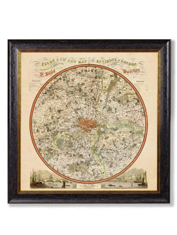 Exceptional Art c.1839 Pigot & Co. New Map of the Environs London
