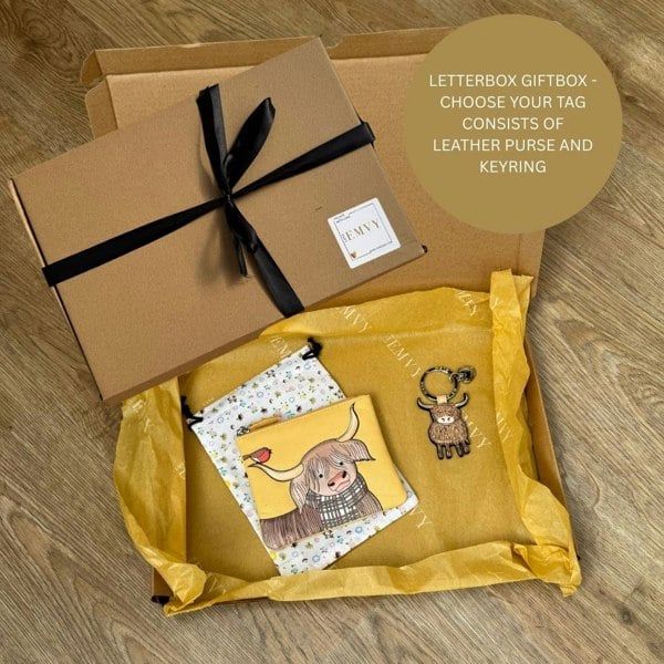 Mala Leather Highland Cow Letterbox Gift Set – Genuine Leather Purse & Keyring
