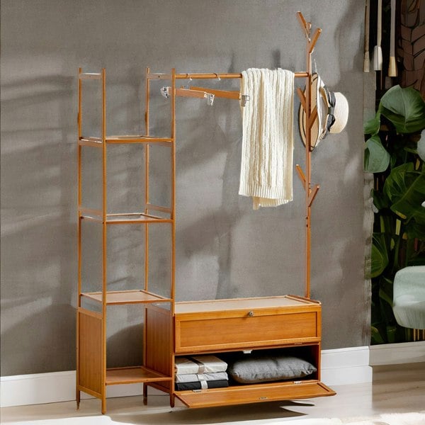 Rafaelo Mobilia Bamboo Coat Stand With Hooks, Shelves & Cabinets