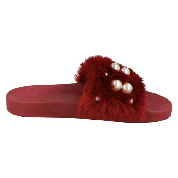 Spot On Ladies Spot On Pearl Trim Faux Fur Slider Style Sandals
