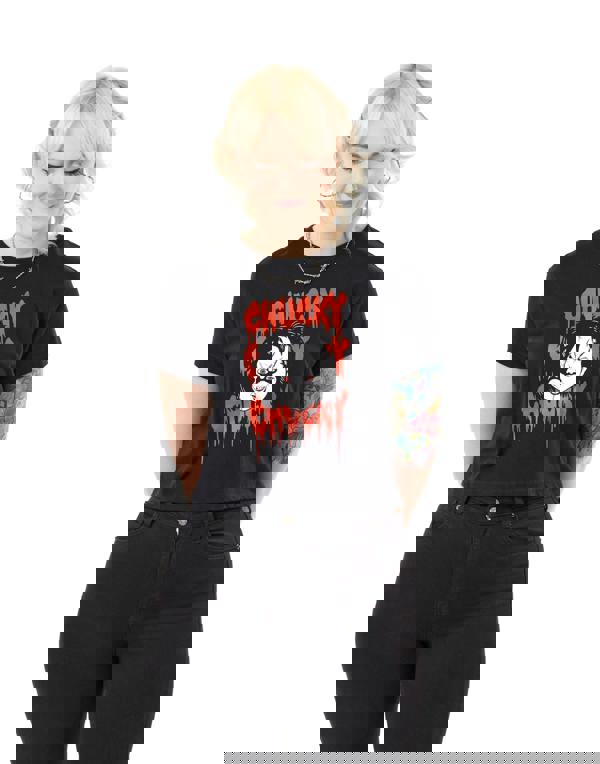 Chucky Womens Black Chucky Chucky Chucky Crop Cropped Short Sleeved T-Shirt