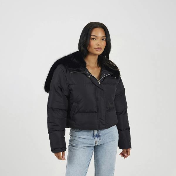 Brave Soul Black Padded Jacket With Faux Fur Hood - Black Image 1