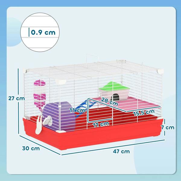 Red and white 2-tier hamster cage with water bottle, wheel, and labeled dimensions.