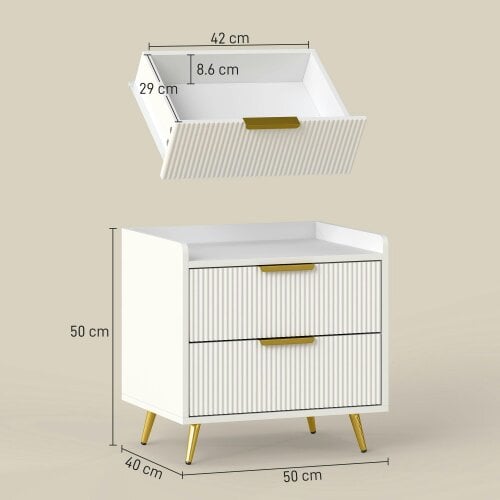 Wyld Haus Yoha White and Gold Ribbed 2 Drawer Bedside Table