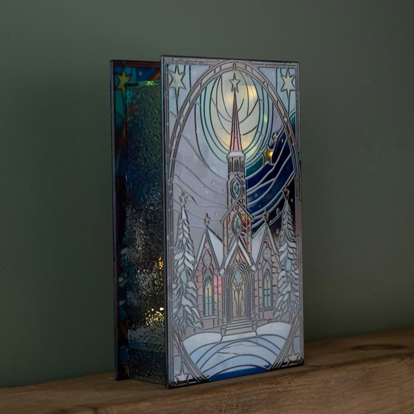 Samuel Alexander 21cm Battery Operated Light up Stained Glass Christmas Decoration with Church Scene & Warm White LEDs