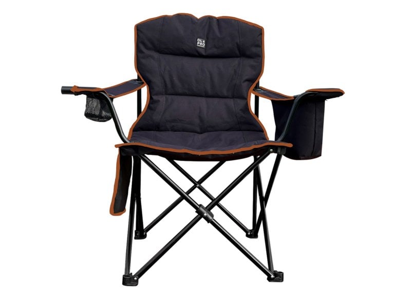 Henwick Padded Folding Camp Chair Orange & Black by OLPRO, pictured on a white background.