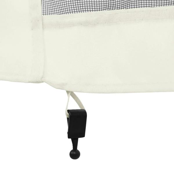 White mesh sidewall netting bottom tie with black adjustable hook and cord