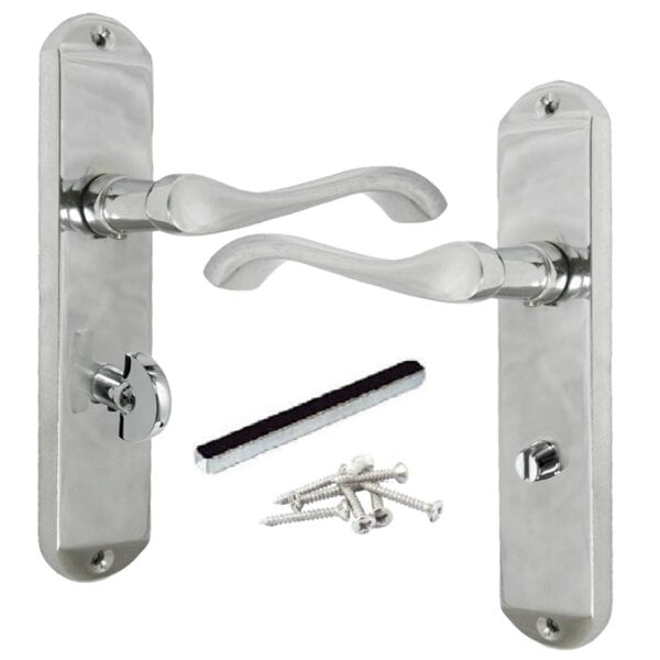 EDH Door Hardware Cadenza Victorian Scroll Door Handles Polished Chrome – Lever Latch, Bathroom Lock & 3 Lever Lock Sets - Bathroom Handle