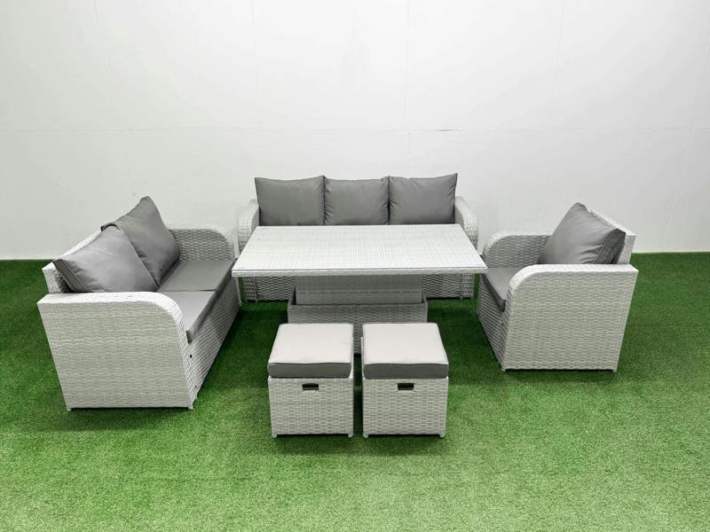 Fimous 8 Seater PE Rattan Outdoor Set, Adj Height Table, Reclining Chair, Loveseat, 3 Seater Sofa and Stool, Light Grey