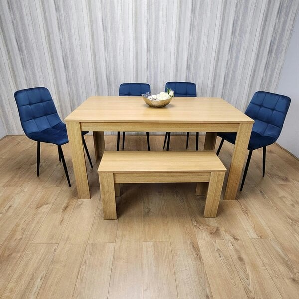 Kosy Koala Wooden Dining Table Set for 6 Oak Effect Table With 4 Blue Velvet Chairs and 1 Bench