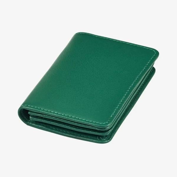 Compact green real leather RFID card holder