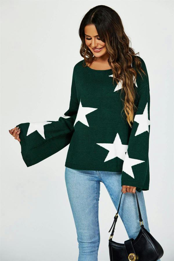 FS Collection Wide Sleeve Oversize Dark Green Jumper With White Star
