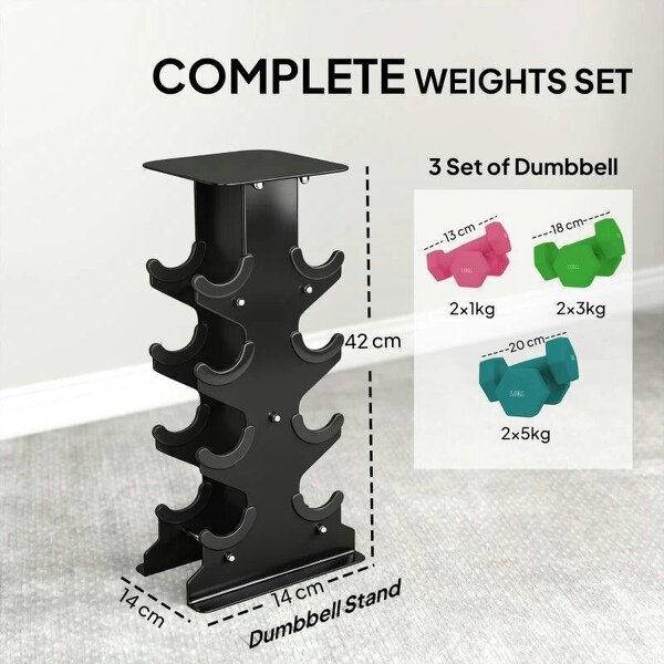 Hex Dumbbells Set with Dumbbell Rack, Non Slip Hand Weights for Home Gym Strength Training, 2 x 1kg, 2 x 3kg, 2 x 5kg