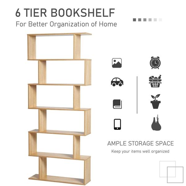 Oak 6-tier S-shaped bookshelf with multiple open storage compartments for books and decor