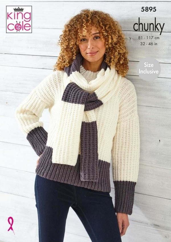 King Cole Wildwood Chunky Knitting Pattern 5895, Sweaters, Scarves for Women, 32 - 46 Inches