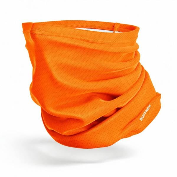 RUFFNEK® AirMesh Fluorescent Orange Snood shown as a 3d face mask cover – breathable, moisture-wicking multifunctional neck gaiter scarf with UPF 50+ protection. For sport and outdoor activities including workwear.