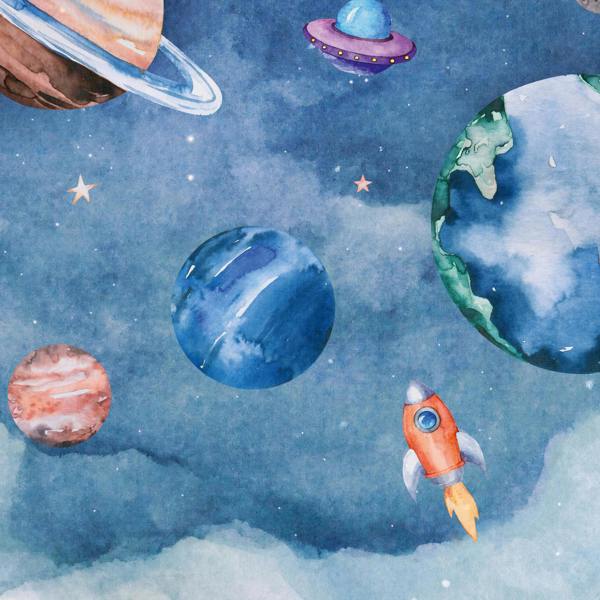 Grandeco Roswell Watercolour Planet Spaceship Nursery 3 panel repeatable Mural 1.59 x 2.8m, Blue