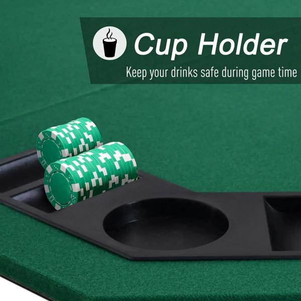 Green poker table top with black cup-holder recess and stacked poker chips