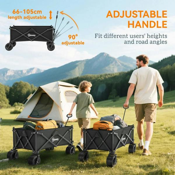 Black folding wagon cart with adjustable handle and rugged wheels for outdoor hauling