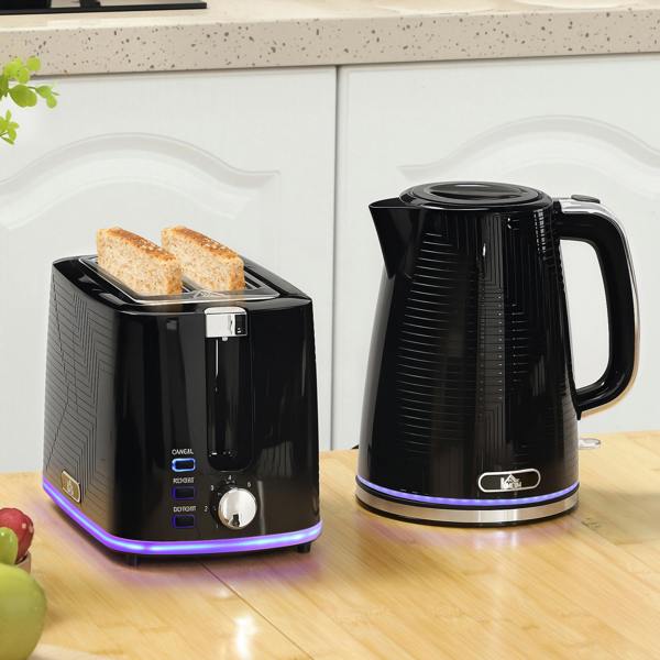 HOMCOM 1.7L 3000W Rapid Boil Kettle and 2 Slice Toaster Set Crumb Tray Black