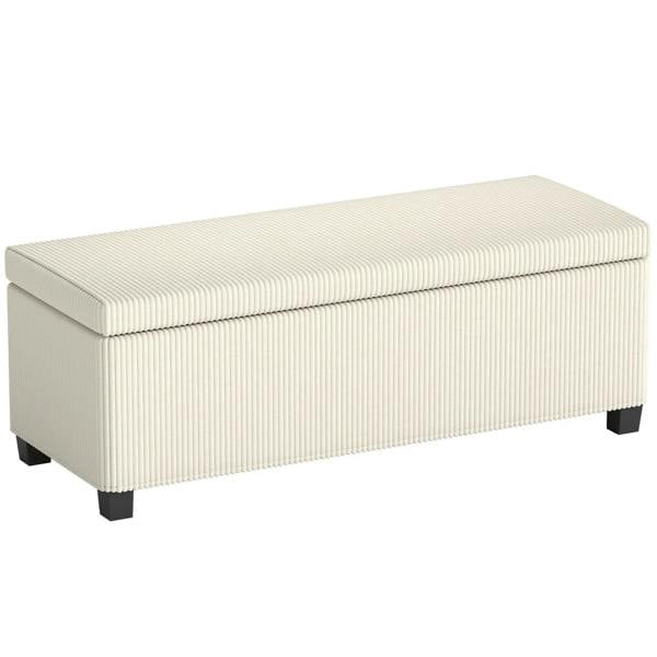 Beige corduroy storage ottoman bench with hinged lid and short legs