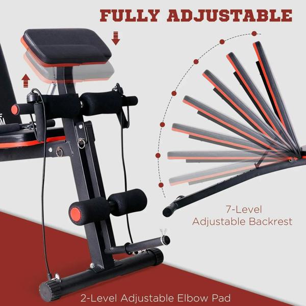 Fully adjustable weight bench with red-trim seat/back pads and ankle elbow supports