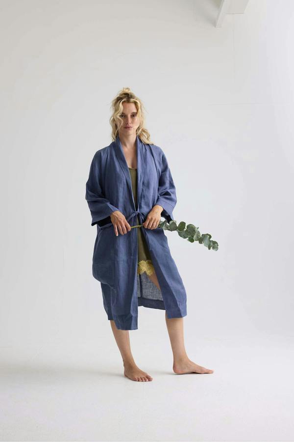 Pretty You London Long Relaxed Linen Jacket in Folkestone Grey