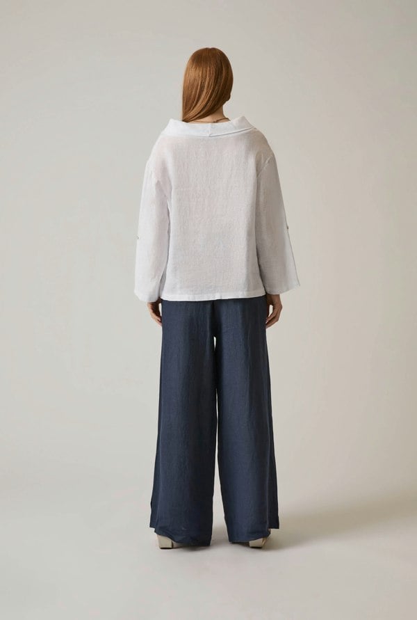 White linen top with draped cowl neckline