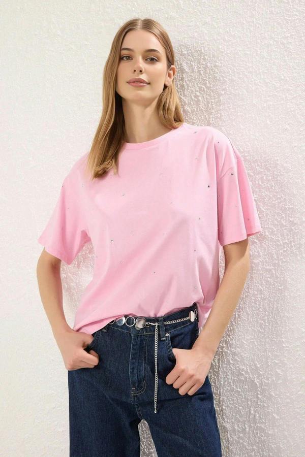 WOVCOR 100% Cotton Stone Detail Crew Neck Knitted T-Shirt