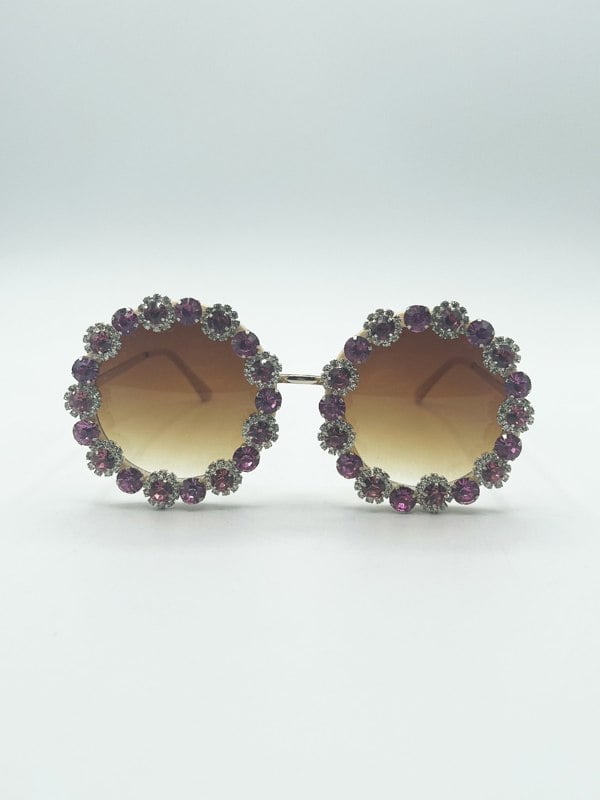 SVNX Round Floral Crystal Gem Sunglasses in Pink