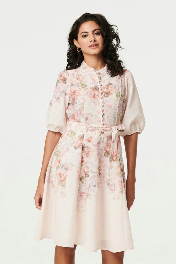 Cream | Floral 3/4 Puff Sleeve Knee Length Dress

